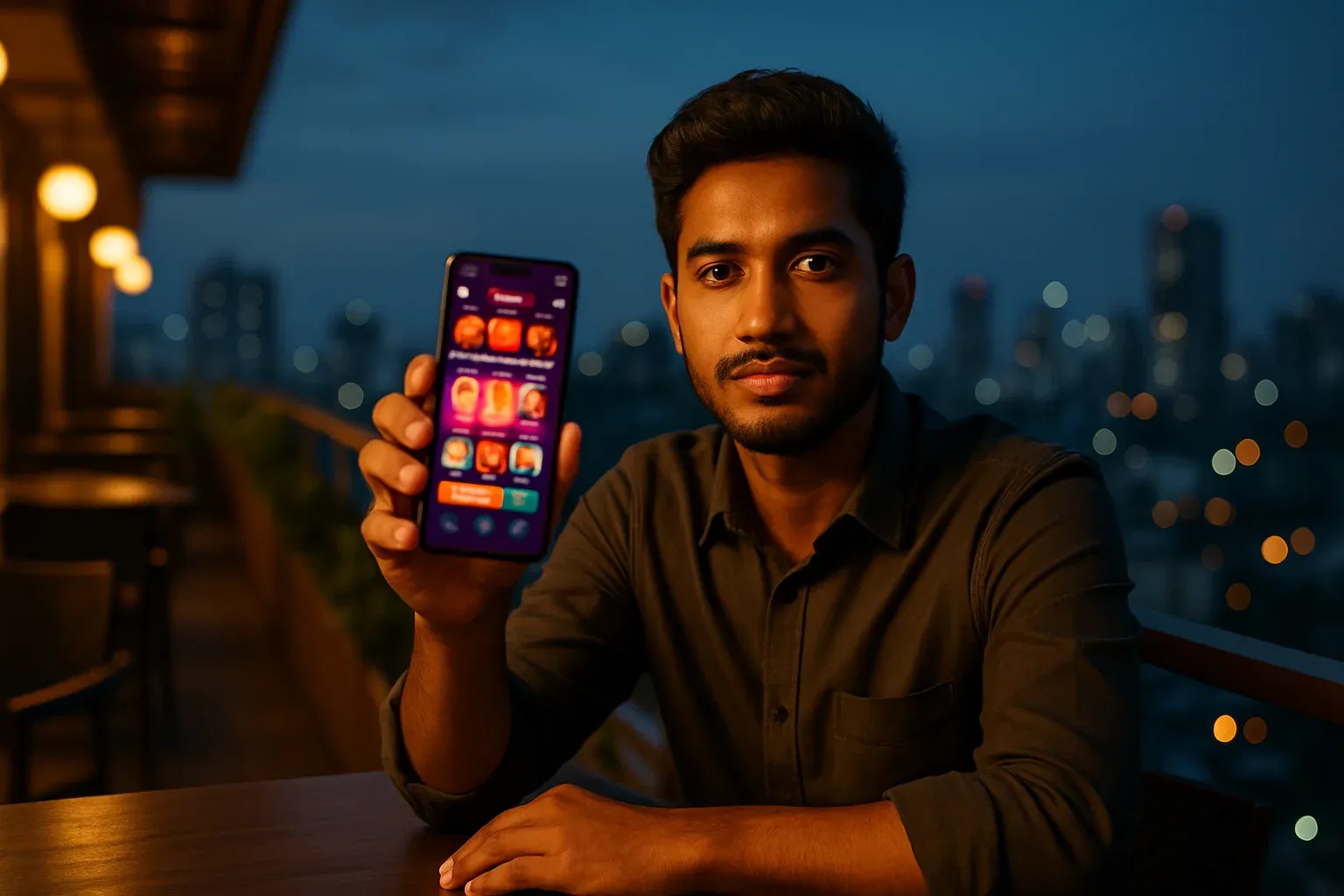 Young professional in Dhaka rooftop cafe showing blurred casino app on smartphone
