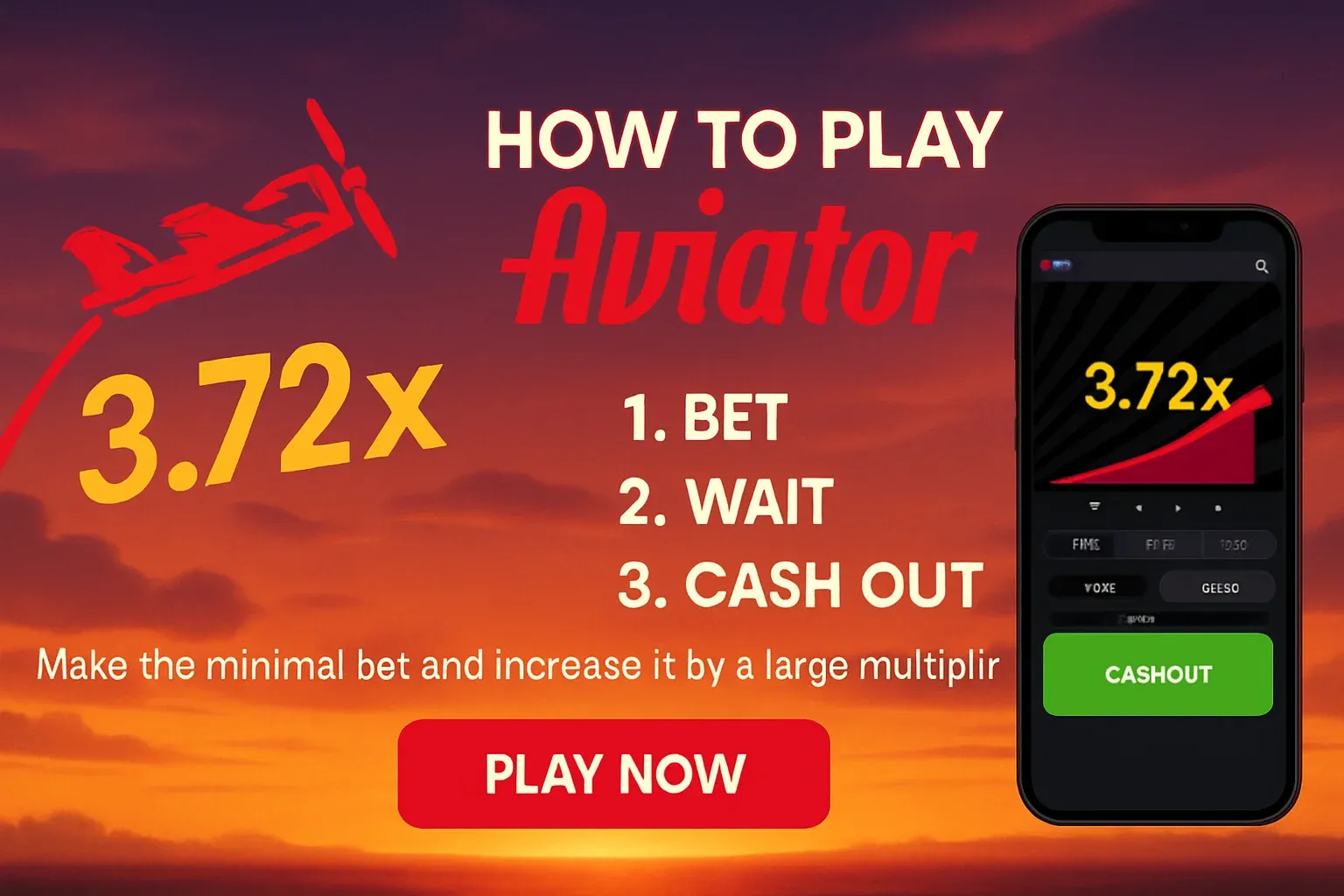 Aviator how-to banner with red plane, 3.72x multiplier, steps and CTA