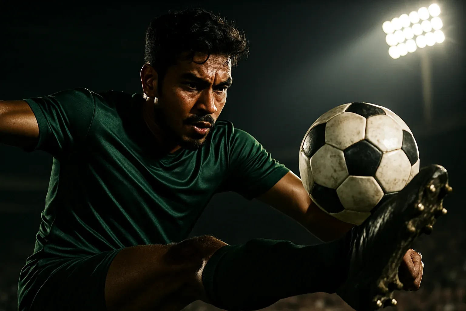 Bangladeshi male footballer in dark green jersey performing powerful volley kick