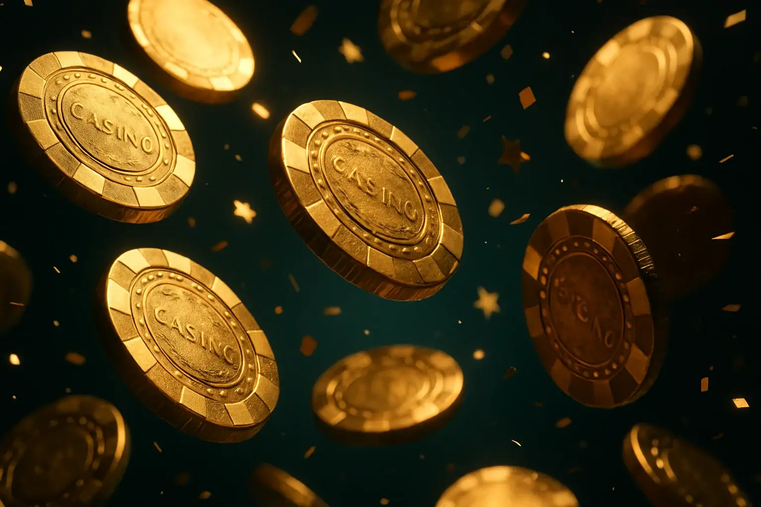 Hyperrealistic macro shot of golden casino chips raining with bonus stars