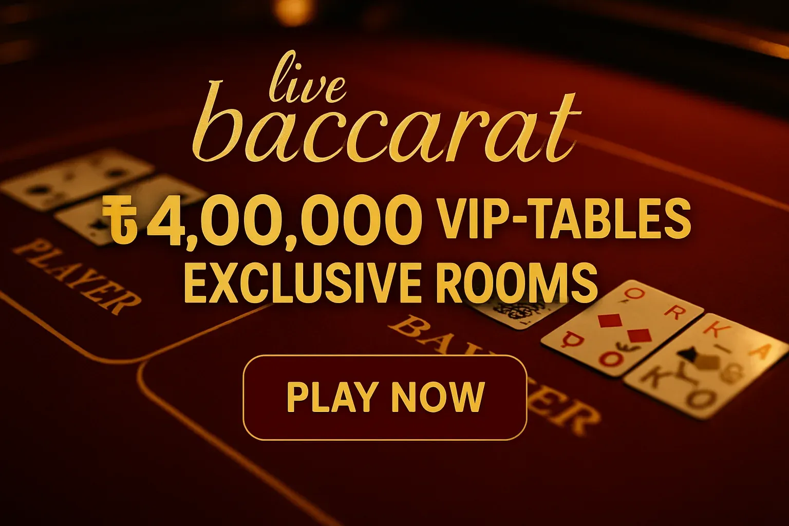 Luxury red and gold live baccarat banner with player banker table and CTA
