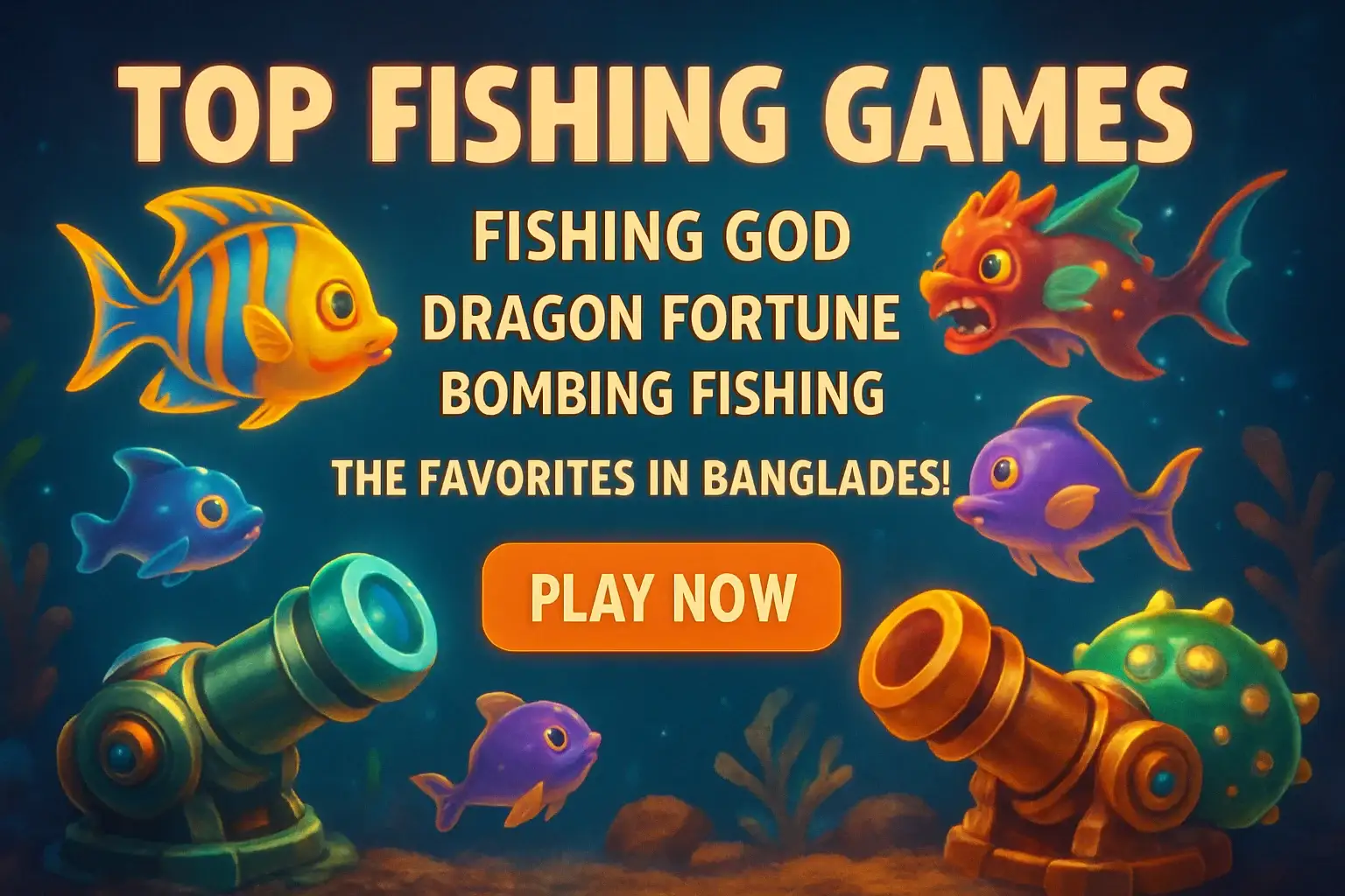 Colorful underwater fishing game banner with neon fish, cannons, and CTA