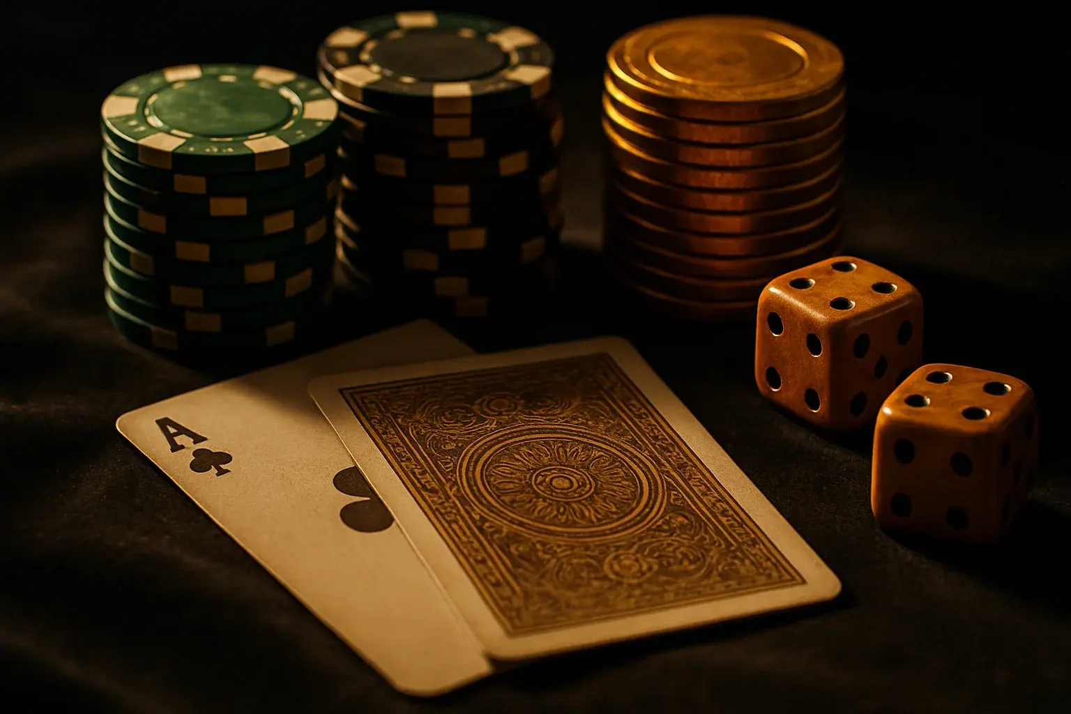Hyperrealistic casino chips, cards, and dice on dark velvet surface