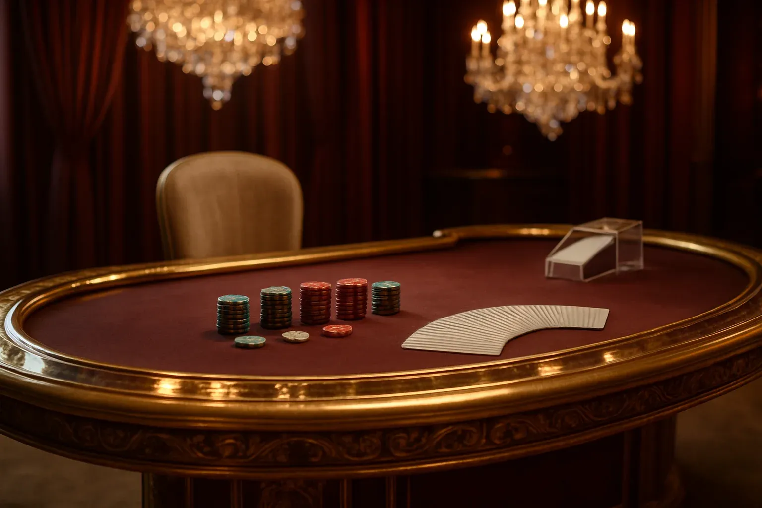 Hyperrealistic wide shot of luxury live baccarat studio with gold table and chandeliers