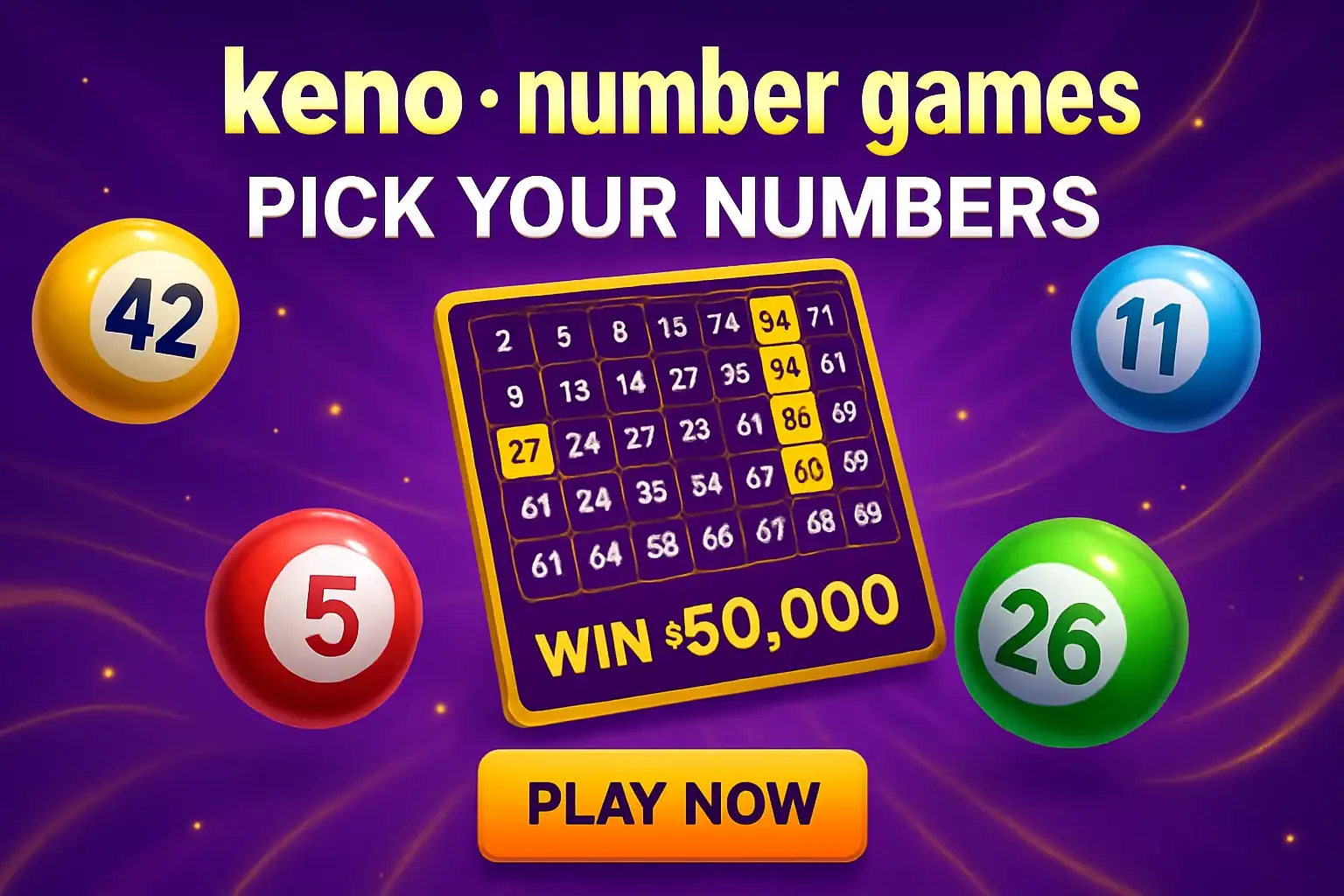Keno number game banner with purple gold background, numbered balls, grid