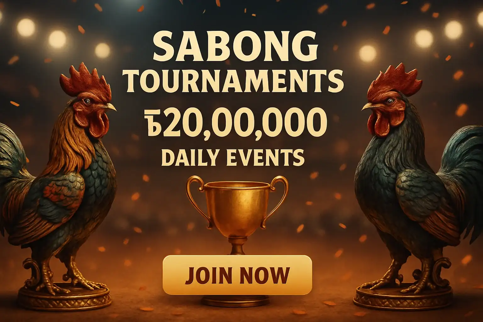 Sabong tournament banner with rooster figurines, trophy, confetti, and CTA button