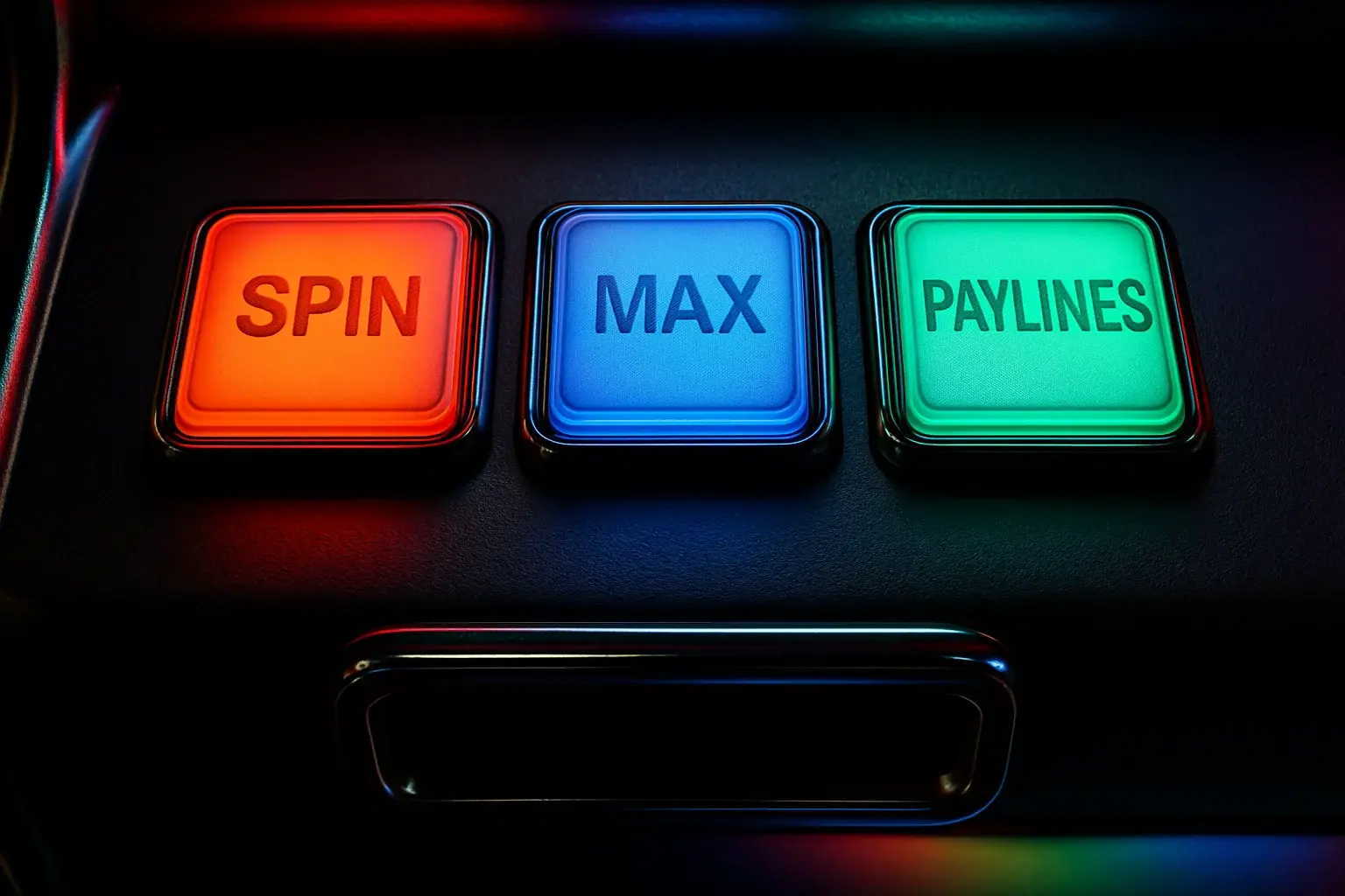 Macro photo of illuminated slot machine control buttons with chrome coin slot