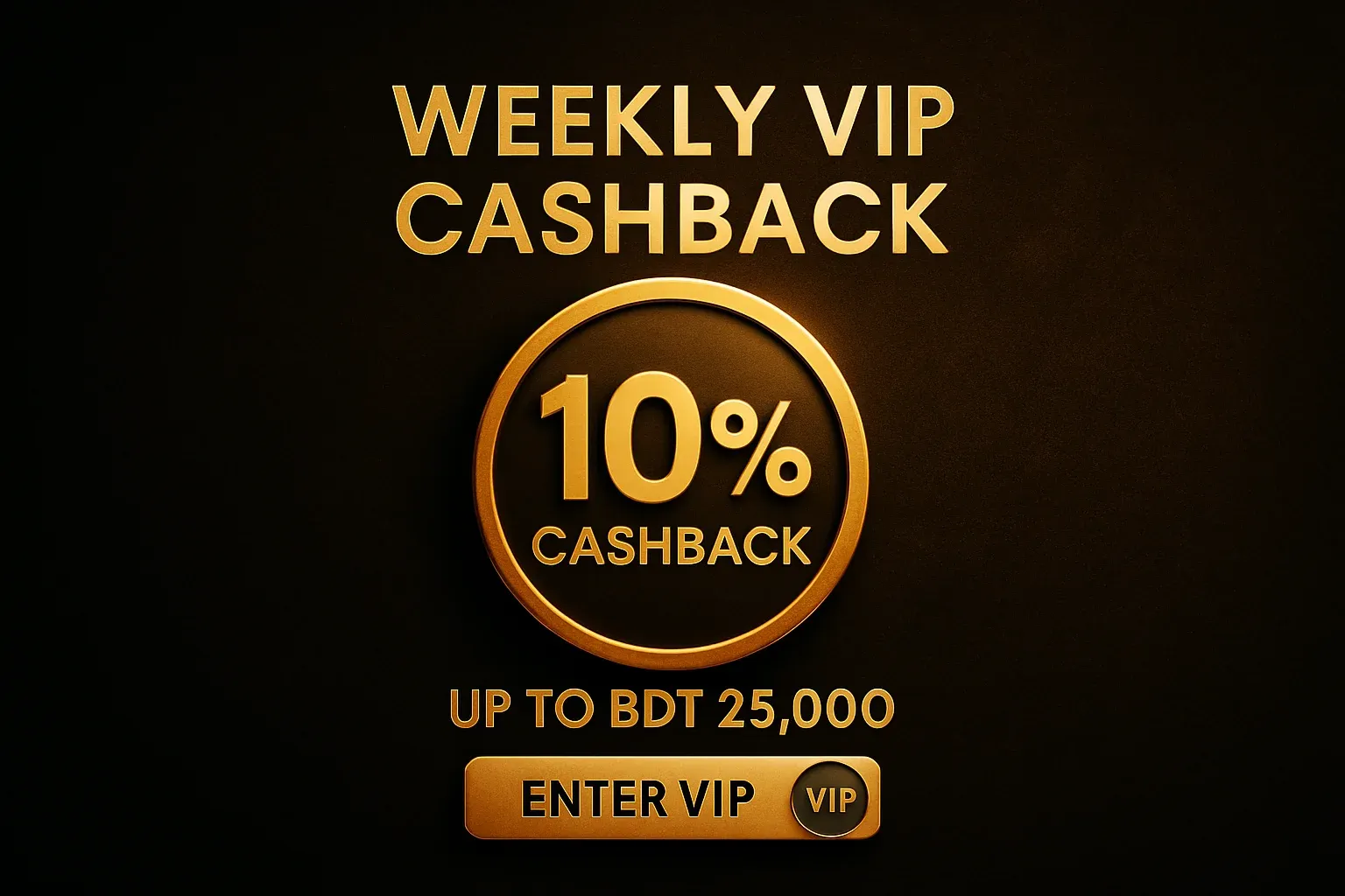 Luxurious casino VIP cashback banner with gold badge, CTA, and BDT text